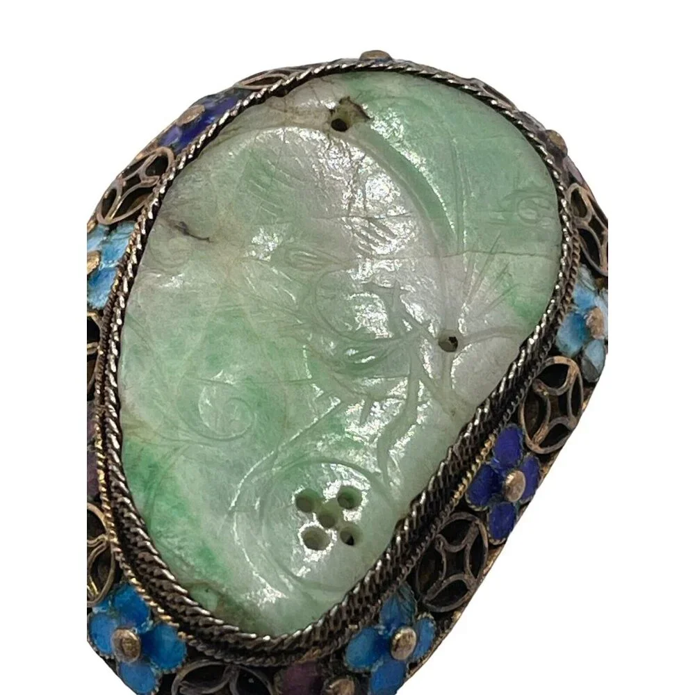 Sterling Silver 925 Carved Jade Enameled Brooch‎ Pin VTG Chinese Asian Flowers